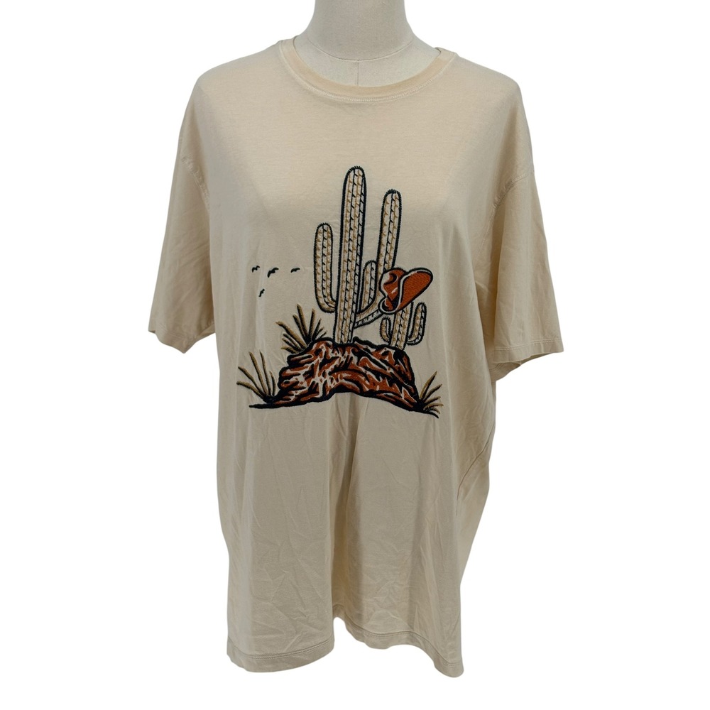 ROWM Graphic Tee Beige Embroidered Cactus Cowboy Hat 100% Cotton XL
